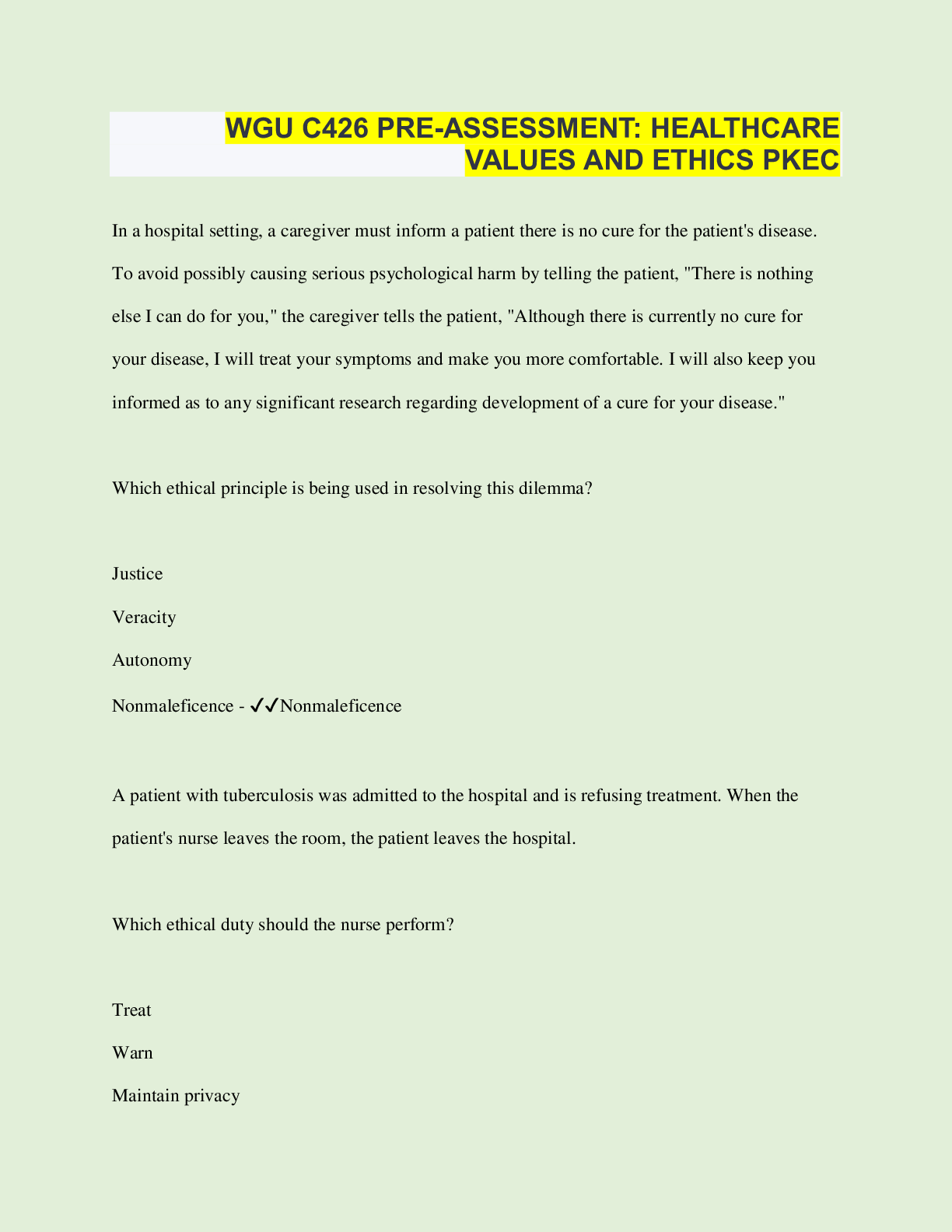 Preview of WGU C426 PRE-ASSESSMENT: HEALTHCARE VALUES AND ETHICS PKEC | Questions with 100% Correct A